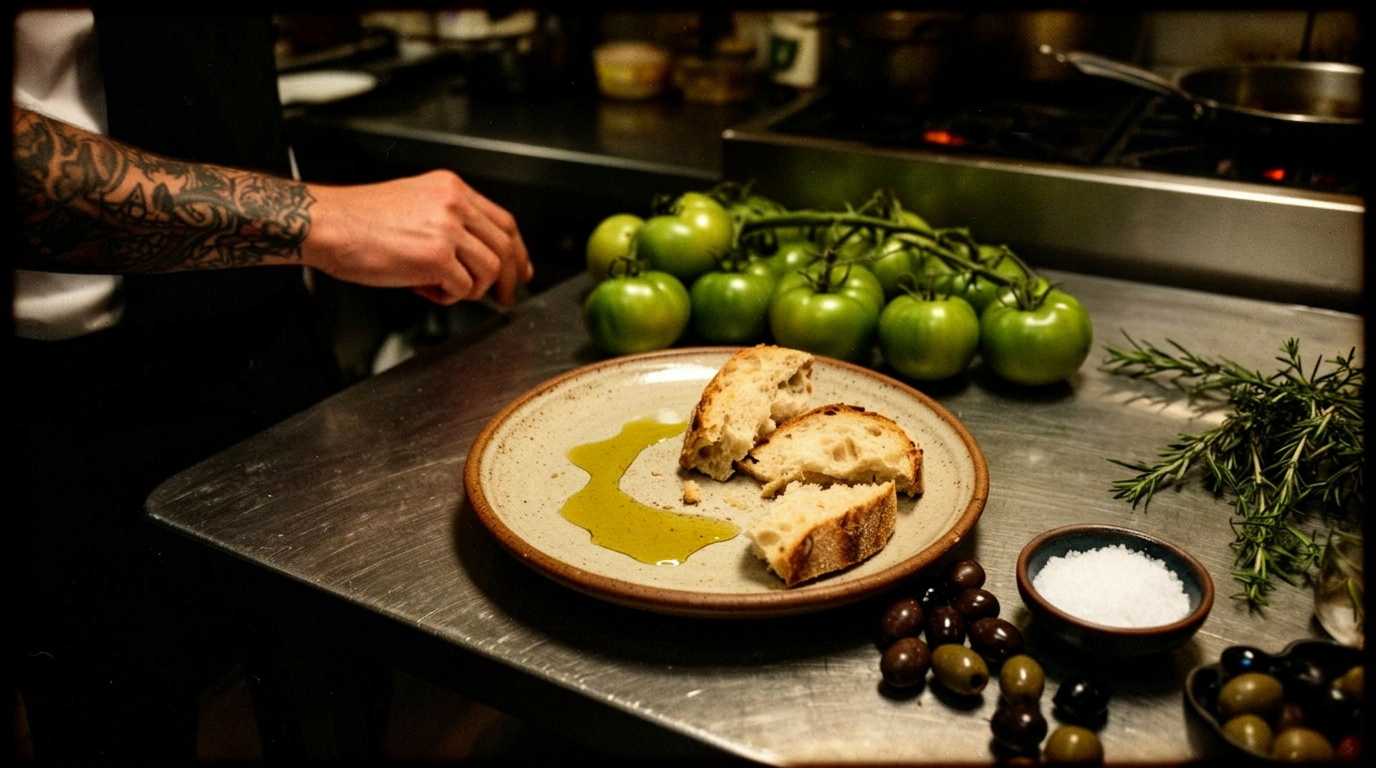 Restaurant kitchen still life with olive oil, bread and green tomatoes